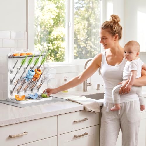 Lifewit Large Baby Bottle Drying Rack with Drain Mat & 15 Hooks, Newborn Essentials Must Haves, Bottle Storage Organizer for Countertop, Cabinet, Rack Dryer Holder for Pacifiers, Pump Parts - size: Large-15 Hooks