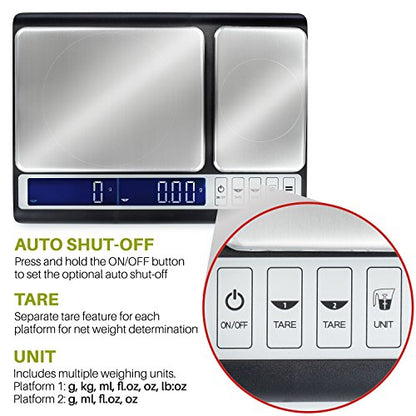 Smart Weigh Dual Platform Digital Kitchen Scale Stainless Steel Culinary Kitchen Scale 10 kilograms x 0.01 Grams High Precision Digital Food Scale Tare Function LCD w/Backlit for Baking Cooking Food