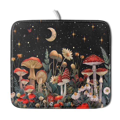 Black Mushroom Dish Drying Mat for Kitchen Counter Leaves Botanical Microfiber Dish Rack Mat Drainer Pad Washable Absorbent Dry Mat 16x18 Inch - color: Black Mushroom, size: 16" x 18"