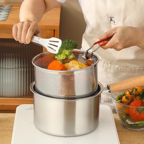 Pasta Strainer Set of 2, Stainless Steel Noodle Strainer, One with a Removable Handle, One without a Handle; Metal Pasta Strainer for Washing, Draining, Deep-frying, Boiling, and Steaming