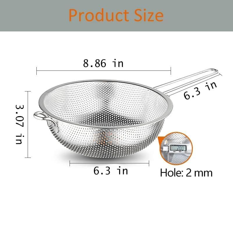 Stainless Steel Basin Colander with Handle Kitchen Strainer, Resting Feet and Colander to Strain, Rinse, Fry, Steam or Cook Vegetables & Pasta & Wash fruits