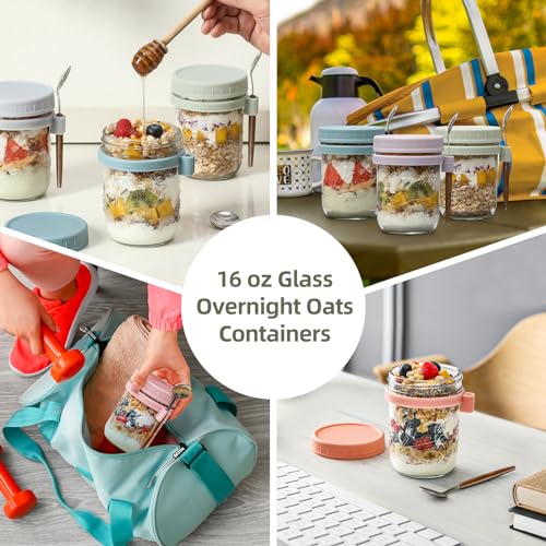 6 Pack Overnight Oats Containers with Lids and Spoons, 16 oz Glass Mason Overnight Oats Jars, Large Capacity Airtight Jars for Milk, Cereal, Fruit - color: 6 colors