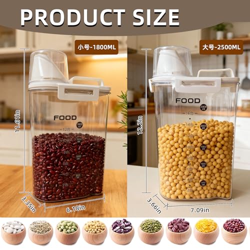 4-Pc Airtight Cereal Storage Containers Set(1.8L×2 & 2.5L×2), Cereal Containers Storage with Pour Spout & Measuring Cup, BPA-Free Plastic Canisters for Rice, Flour, Pet Food Kitchen Pantry