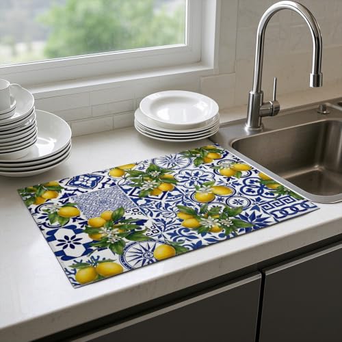 Absorbent Kitchen Dish Drying Mat Quick Dry Heat Resistant Hide Stain for Glasses Coffee Espresso Machines Pots Pans and Dish Racks,18" x 24" Blue White Lemon Tile Bohemia Pattern - color: Blue White Lemon Tile Bohemia