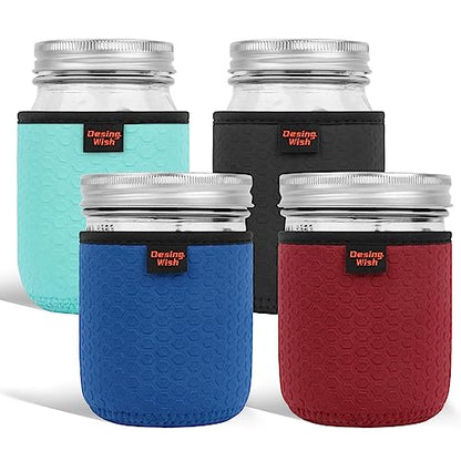 16 oz Regular/Wide Mouth Mason Jar Neoprene Sleeve, 16oz Non-slip Cozy Insulated Glass Jars Protector Holder Sleeves 3.0 x 3.7 Inches - 4 Pack (Black/Red/Blue/Cyan) - color: 16 oz Sleeves (3.0 x 3.7 In) - Black/Red/Blue/Cyan