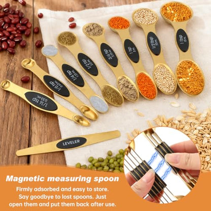 Gold Measuring Cups and Spoons, 13 Piece Stainless Steel | Double-sided design with engraved sizes, narrow end for spice jars, plus leveler for dry ingredients