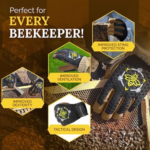 Professional Beekeeping Gloves, Premium 5mm Goatskin w/Patented Ventilation & Dexterity - Beekeeping Supplies - color: Black, size: Small