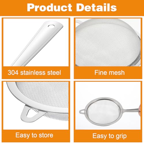 2 Pack Sieve Fine Mesh Stainless Steel, Mesh Strainer with Handle, Fine Meshes Strainers for Cooking Tea Food Strainer, 2 Sizes