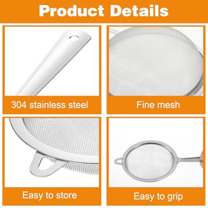 2 Pack Sieve Fine Mesh Stainless Steel, Mesh Strainer with Handle, Fine Meshes Strainers for Cooking Tea Food Strainer, 2 Sizes