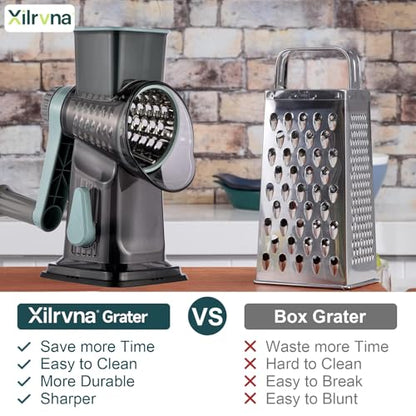 Rotary Cheese Grater with Handle Kitchen Shredder Slicer Grater Slicer Ice Shaver Cheese Vegetable Nuts Potato Zucchini Chocolate 3 Interchangeable Blades (GreyBlue) - color: Blue