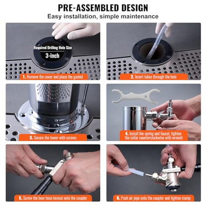 VEVOR Kegerator Tower Kit, Dual Taps Beer Conversion Kit, Stainless Steel Keg Beer Tower Dispenser with Dual Gauge CGA320 Regulator & D-System Keg Coupler, Beer Drip Tray for Party Home - style: Dual Taps