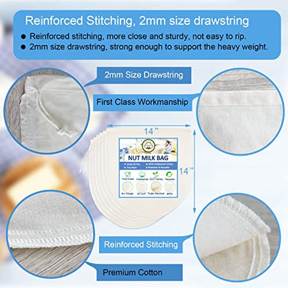 6 Pack 14"x14" Nut Milk Bags - 100% Unbleached Cotton, Food Strainer, Reusable Cheesecloth,Straining Almond/Oat/Soy Milk, Cold Brew Coffee, Cloth Bag for Cheese/Yogurt/Juice/Tea/Wine/Soup/Herbs