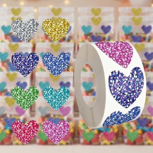 500Pcs Glitter Heart Stickers Roll, Colors Heart Labels,Classroom Reward Envelope Seals, Valentine Wedding Party Favors, Mother's Day Holiday Decorations - color: 500pcs- Glitter Polka Dots Heart