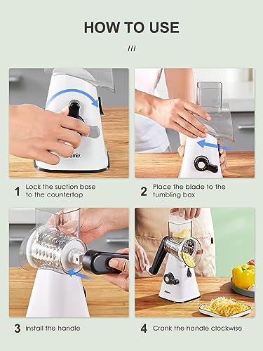 Rotary Cheese Grater with Handle, Reemix Vegetable Cheese Shredder Slicer Grater for Kitchen 3 Changeable Blades for Cheese Potato Zucchini Nuts Chocolate (White) - color: White