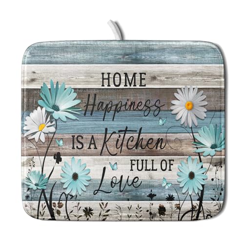 Daisy Floral Dish Drying Mat 16x18 Inches Rustic Wood Microfiber Absorbent Reversible Dish Draining Pad Fast Dry Kitchen Accessories - color: Home Happiness Wood, size: 16" x 18"