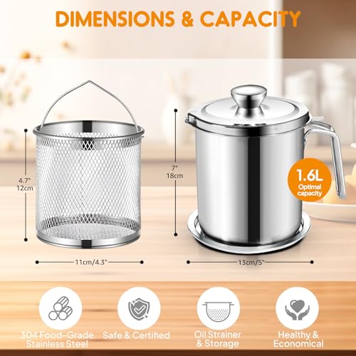 Chihee Grease Container Deep Fryer 2 in 1 Stainless Steel 2L / 67.6 fl oz | Bacon Grease Saver with Fine Mesh Strainer Fry Basket Oil Container Grease Can with Lid Tray for Kitchen Storing Frying - color: Silver(2L with Fryer Basket)