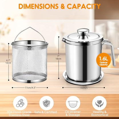 Chihee Grease Container Deep Fryer 2 in 1 Stainless Steel 2L / 67.6 fl oz | Bacon Grease Saver with Fine Mesh Strainer Fry Basket Oil Container Grease Can with Lid Tray for Kitchen Storing Frying - color: Silver(2L with Fryer Basket)