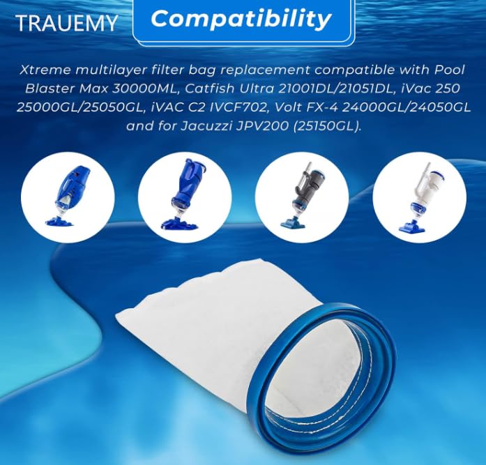 X-treme Multilayer Filter Bag,Sand & Silt Filter Bag, Compatible with Pool Blaster Max, Catfish Ultra, iVac 250, iVAC C2, Volt FX-4 and Jacuzzi JPV200 Handheld Pool Vacuums | Compatible with Pool Blaster Max, Catfish Ultra, iVac 250, iVAC C2, Volt FX-4 an