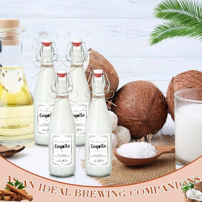 DoubleFill 8 Set Coquito Swing Top Glass Bottles 16 Oz Flip Top Brewing Bottles with Coquito Stickers Wine Airtight Caps for Home Party Milk Eggnog Kefir(Classic) - style: Classic