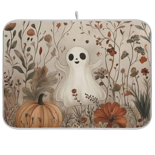 Cute Halloween Retro Pumpkin Dish Drying Mat for Kitchen Counter Kitchen Drying Mat Dish Rack Mat Dish Drainer Pad Microfiber Absorbent Washable Drying Pad for Countertop 16 x 18 - color: Cute Halloween Retro Pumpkin, size: 18" x 24"