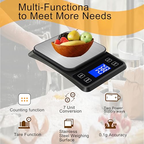 Rechargeable Digital Kitchen Scale, 11lb/0.1g High Precision Food Scale,7 Units Digital Grams and Ounces for Weight Loss, Baking, Cooking and Meal Prep with Backlit LCD and Tare Function