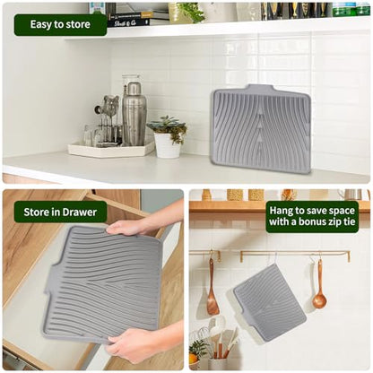Silicone Dish Drying Mat 16x13,Food-Grade Silicone,Easy Clean Pad for Countertop Protection,Heat Resistant,Easy Clean,Non-Slip Drain Pad with Built-in Drain,Multi-Functional Use,Grey - color: Gray, size: 16" x 13"