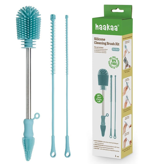 Haakaa Silicone Cleaning Brush Kit – Household Cleaning Brushes for Bottles and Crevices – Food-Grade Silicone: Dishwasher Safe (Kit-Mist Blue) - color: Kit-mist Blue