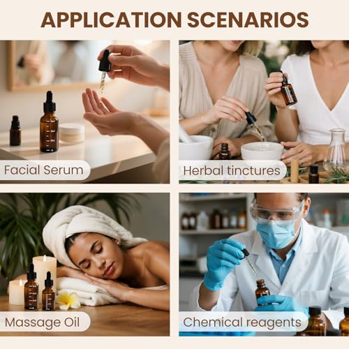 UPBUD 63 Pcs 1oz Amber Glass Dropper Bottles with Measurement, 30ml Leakproof Tincture Bottles with Funnels, Eye Droppers, Extra Caps & Labels, Refillable Empty Bottle for Tinctures, Essential Oils - color: Amber-1oz, size: 1oz