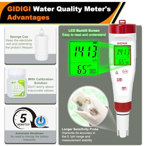 pH Meter for Hydroponic Water,Digital EC ppm Tester for Nutrients,pH TDS Reader 4 in 1 with 1413 μs/cm Calibration Solution,High-Sensitivity Backlit Display for Drinking Water,DWC,Indoor Plants - style: 4 in 1 pH Meter with Calibration Solution
