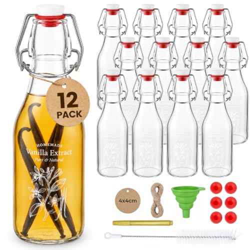 Ruckae 12 Pack 8oz Swing Top Glass Bottles with Airtight Stopper Lids-Flip Top Glass Bottle for Kombucha,Coquito, Syrup,Vanilla Extract,Brew Beer Kefir Bottles for Gift (8oz 12pack)