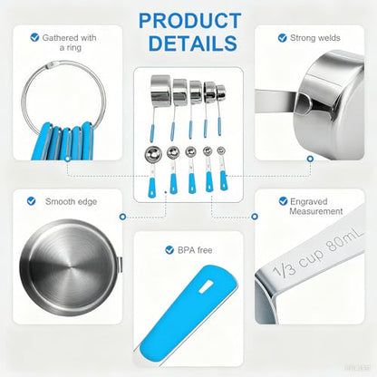 Bopei Measuring Cups and Spoons Set Stainless Steel 10 Piece for Cooking and Baking (5 Cups + 5 Spoons, Light Blue Handle) - color: Light Blue