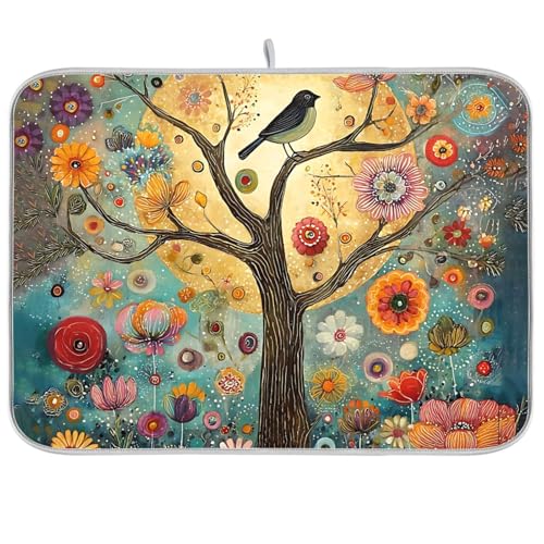 Tree and Birds Dish Drying Mat for Kitchen Counter Super Absorbent Drying Mat 16x18 inch Large Dish Drying Matts for Countertop Protector Dishes Pad - color: tree and birds, size: 16" x 18"