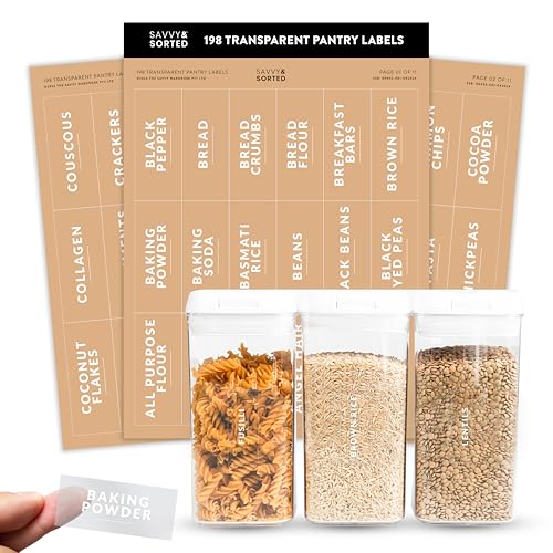 SAVVY & SORTED Pantry Labels for Food Containers, 198 Modern Font Kitchen Labels for Containers on Clear Sticker, Waterproof Scratch Resistant, Organize Pantry Essentials - style: Clear Narrow Pantry Labels