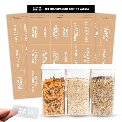 SAVVY & SORTED Pantry Labels for Food Containers, 198 Modern Font Kitchen Labels for Containers on Clear Sticker, Waterproof Scratch Resistant, Organize Pantry Essentials - style: Clear Narrow Pantry Labels
