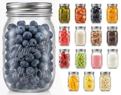 NutriChef 16 Pack Mason Jars 16 oz with Lids, Wide Mouth Airtight Seal, Freeze Safe Durable Glass, Silver Screw Lids for Meal Prep, Jam, Honey and Wedding Gifts, Leakproof & Dishwasher Safe Glass Jars - style: 16 Pack