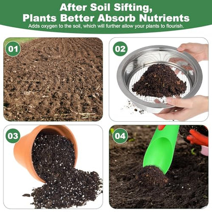 Soil Sieve Set Garden Soils Sifter Stainless Steel Mesh Sifters Compost Sifter with 1,3,6,9,12mm Sieve Mesh and Bonsai Soil Scoop