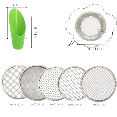 Stainless Steel Soil Sieve Set – 5 Interchangeable Mesh Screens (1/3/6/9/12mm) with Bonsai Scoop & Stainless Steel Trowel, Potting, and Seed Starting and 4-Piece Plastic Bonsai Scoop