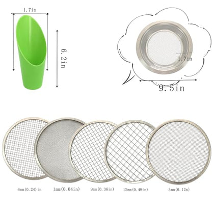 Stainless Steel Soil Sieve Set – 5 Interchangeable Mesh Screens (1/3/6/9/12mm) with Bonsai Scoop & Stainless Steel Trowel, Potting, and Seed Starting and 4-Piece Plastic Bonsai Scoop