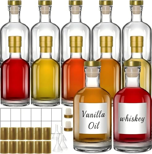 TBWIND 12 Pack 12oz/375ml Clear Glass Bottles with T-Top Cork Stoppers | Thick heavy base airtight wine & liquor bottles. Ideal for beverages, whiskey, oil, vinegar, wedding favors & crafts - color: 12oz/ 375ml, size: Clear
