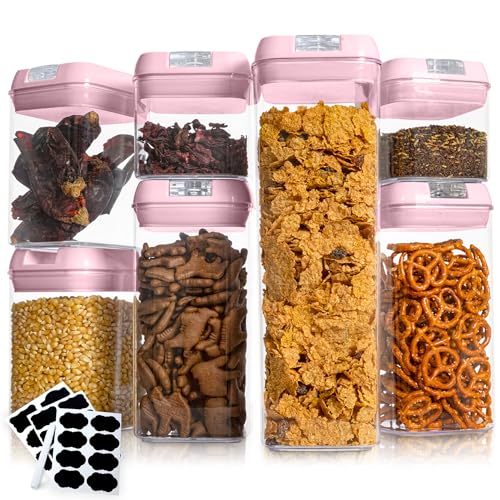 Cheer Collection Stackable Airtight Food Storage Containers - BPA Free Plastic Food Organizer for Pantry with Dry Erase Marker and Labels, Pink (Set of 7) - color: Pink