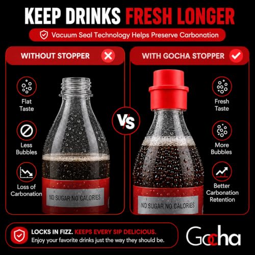 GOCHA 2 PCS Vacuum Soda Bottle Stoppers, Silicone Fizz Keeper Caps, Carbonation Preserver for Soda, Sparkling Water, Soft Drinks & Beer Bottles, Reusable Leak Proof Bottle Sealer | (Red) - color: Red
