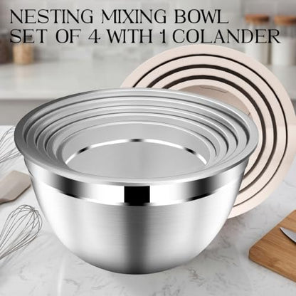 DUTZUN Stainles Steel Mixing Bowls with Lids Set, Stackable Metal Mixing & Serving Bowl with Strainer, 5-Piece - Beige - style: 9PCS Beige