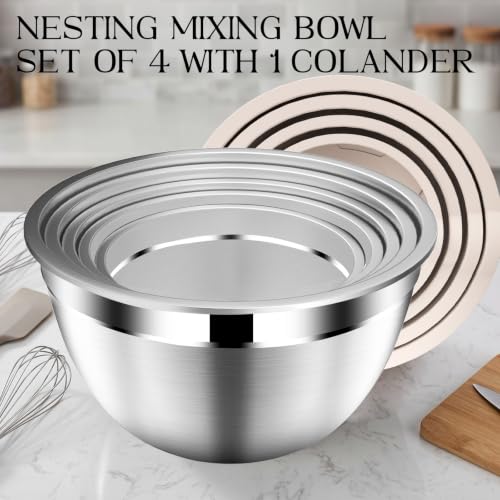 DUTZUN Stainles Steel Mixing Bowls with Lids Set, Stackable Metal Mixing & Serving Bowl with Strainer, 5-Piece - Beige - style: 9PCS Beige