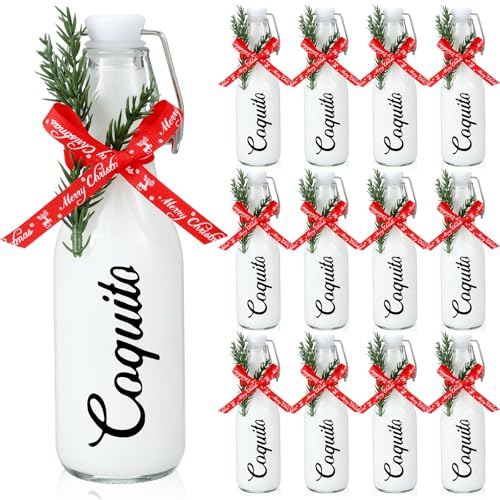 Sieral 12 Pack Christmas Coquito Bottle 8oz Clear Glass Flip Swing Top Beer Brewing Bottles with Ribbon and Artificial Branches for Liquids Wine Christmas Party Xmas Gifts - style: Coquito