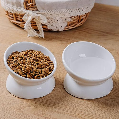 Elevated Ceramic Cat Bowl, 15° Tilted Raised Food & Water Dishes, Anti-Vomiting & Neck Protection Pet Feeder for Kittens, Small Dogs (5.2", White, 4pc Set) - color: White, size: 5Inch-4pc