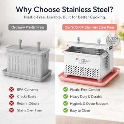 Tofu Press -304 Stainless Steel Cheese Press, Paneer Make and Vegetarian Tofu Press, Heavy Pressure Adjustable,BPA Free, Dishwasher Safe for tofu Maker and ham Press,Meat pressing (6.3*4.7*4.8 in)