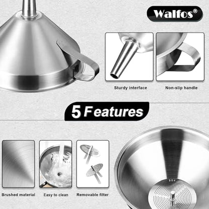 Stainless Steel Funnel, Walfos 4 Pack(4in、3 in、2.2 in、1.7in Kitchen Funnel with 2 Removable Strainer ＆ 1Pcs Cleaning Brush, Perfect for Transferring of Liquid, Oils, Jam, Dry Ingredients & Powder - color: 4pcs 10.4cm+7.5cm+5.5cm+4.5cm