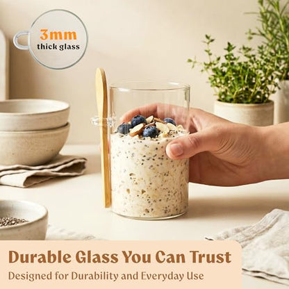 Overnight Oats Containers with Lids, Labels & Spoons (4 x 16oz) Glass Jars for Oatmeal, Meal Prep, Food Storage | Leak-Proof Mason Jars for Oats, Cereal, Yogurt, Chia Pudding [Thicker Glass 3mm] - color: Bamboo Lid