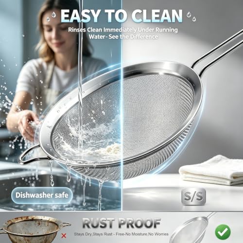 Fine Mesh Strainer Set of 3 - Stainless Steel Sieve with Handles for Kitchen, Multipurpose Metal Wire Strainers for Flour, Rice, Quinoa, Pasta, Tea, Noodles & Food (2.8", 4.7", 7")
