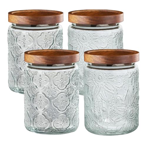 4-Pack 24 OZ Vintage Glass Jar with Lid, Airtight Food Storage Canisters with Bamboo for Kitchen Counter Pantry, Ideal for Coffee, Candy, Tea, Oats, Sugar, Cookies Decorative Jars - color: 24oz-2Sunflower+2Begonia